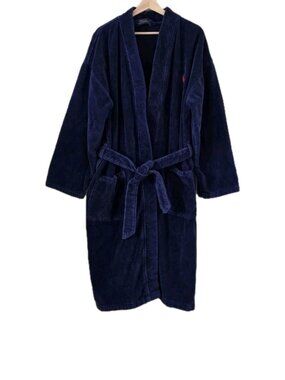 Polo Ralph Lauren Terry Cloth Robe Men S / M Navy Blue Red Pony Belt Lounge Bath